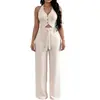 D8119 Amazon Europa Mais Vendido Moda Feminina Sexy Elegante Cor Sólida Roupa de Banho com Franzidos Regata Conjunto de Calça Longa com Alças