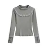 Top Elegante y Suave de Media Altura con Volantes y Mangas Largas para Usar como Capa Exterior, Versátil para Otoño e Invierno, Capa Base Ajustada con Forro Polar para Mujer