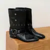 Versão Languard~Couro lavado fivela de couro temperamento botas de motocicleta femininas preto cano largo botas curtas outono e inverno justas botas Martin estilosas