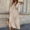 Vestido Novo Versátil de Meio Comprimento com Decote V e Manga Longa para Primavera e Outono, Saia de Algodão e Linho, Vestido Soltinho Plus Size Feminino que Esconde a Figura