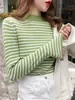 Tecido fresco e sedoso, top de malha listrado, segunda pele feminina de manga longa, suéter pullover de caimento solto com estilo descontraído