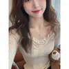 Top coreano súper bonito para otoño e invierno, camiseta interior de punto con cuello de encaje para mujer, suéter ajustado para usar en capas