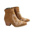 Botas Curtas de Salto Alto Bordadas Estilo Britânico Bico Fino para Mulheres, Outono 2025 Novo Tamanho Grande Cruzamento de Fronteira Salto Bloco Botas Western Temu
