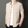 Camisa de Lino Fino de Manga Corta Otoño Cuadros Rayas Hombres Camisa de Algodón y Lino Corte Delgado con Bolsillos Reales Casual para Personas de Mediana Edad y Mayores