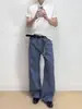 Calça jeans azul estilo vintage americano, elegante, estilo workwear francês, unissex, lavada e desgastada, perna reta, calça de trabalho casual, moderna