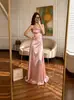 WW030 Europeo y Americano Francés Adelgazante Lujo Ligero Satén Rosa Moldeador de Cintura Elegante Vestido de Noche para Banquete
