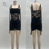 Vestido Cruzado Europeo y Americano para Mujer, Color Sólido, Ligeramente Transparente, Encaje Empalmado, con Tirantes, Plisado