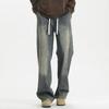 Calça Jeans Vintage Lavada NASA Masculina Primavera e Outono Solta Reta Street Hip Hop Cordão Casual Longa