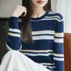 Suéter de Punto Versátil con Rayas de Bloques de Color y Cuello Redondo, Nuevo Suéter de Algodón de Primavera para Mujer, Capa Base o Prenda Exterior Holgada