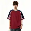 Camiseta de Manga Corta de Algodón Pesado Estilo Americano con Rayas Raglán para Hombre, Corte Holgado, Versátil Casual de Media Manga Estilo Deportivo para Verano