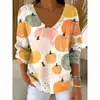 Estación Independiente Transfronteriza Europea y Americana Nueva Camiseta de Moda para Mujer Estampado 3D Color Degradado Cuello en V Manga Larga Top Verano Europeo y Americano