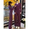 Conjunto de Tricô Roxo Estilo Tweed para Mulheres no Outono e Inverno, Calça de Lã de Cintura Alta Slim de Alto Padrão, Conjunto de Duas Peças Elegante e Moderno