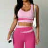 Popular Conjunto de Yoga Dos Piezas para Mujer con Bloques de Color Rosa, Cruzado en la Cintura, Cintura Alta, Levantamiento de Glúteos, Secado Rápido, Tanque Deportivo y Pantalones Largos