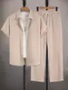 Traje de Hombre Transfronterizo Primavera Verano Otoño Solapa Manga Corta Camisa de Botones Acanalada Pantalones Casuales Color Sólido Conjunto de Dos Piezas Dropshipping