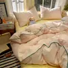 Conjunto de cama jacquard minimalista com trama colorida, quatro peças, ultrassuave, 100% algodão, lençol de cima e capa de edredom tamanho solteiro, adequado para quartos de dormitório e estudantes