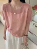 Top de punto ligero y transpirable de color liso, cuello redondo, manga corta, para verano, holgado, adelgazante, moda casual, lujo ligero, camiseta para mujer