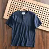 Mistura de Algodão e Linho, Textura de Bambu, Exportação de Verão Masculina Estilo Americano Casual Respirável Gola Henley Versátil Camiseta de Manga Curta