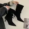 2026 Botines de Tobillo de Gamuza Estilo Coreano de Moda Temperamento Otoño/Invierno Nuevos Tacón Fino Punta Fina Fruncidos Botas de Vaquero Occidental Jinete