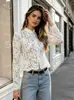 Camisa de encaje jacquard estilo europeo y americano para mujer, nuevo modelo de otoño 2026, alta gama, entallada a la cintura, blanca, top de cuello mao, elegante ropa para mujer