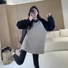 Sudadera de Otoño e Invierno Estilo Melard Holgada Oversize Bloques de Color, Cuello Redondo, Forro Polar, Engrosada, Camiseta de Longitud Media, Top de Mujer de Moda