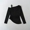 2525 Nuevo Estilo Otoño Estilo Coreano Sexy Sexy de un Hombro Tirantes Cruzados Oblicuo Hombro Descubierto Cintura Camiseta de Manga Larga para Mujer
