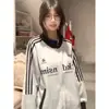 Diseño Estilo Coreano Otoño e Invierno Sudadera Holgada con Estampado de Letras para Mujer Forro Polar Engrosada Chaqueta Cárdigan de Tres Rayas con Cremallera Moderna