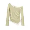 Camiseta Pura y Sexy de Manga Larga Off-Shoulder para Mujer con un Diseño Único, Bloques de Color, Falso Dos Piezas, Jersey Ajustado a la Cintura