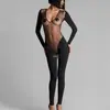 Macacão de Calça Longa Transparente Europeu e Americano de Cintura Alta Modelador de Corpo Moda Novo Sexy Decote Baixo Conjunto de Manga Longa para Yoga