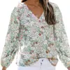 Nova Roupa Feminina Europeia e Americana Outono/Inverno Blusa de Chiffon com Decote V Manga Lanterna Feminina Camisa de Chiffon Floral com Estampa de Sangue