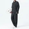 Conjunto Masculino de Veludo Cotelê Estampado Estilo Chinês para Outono/Inverno, com Botões de Nó Chinês, Conjunto Casual Solto de Duas Peças