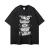 Camiseta Negra Lavada Holgada Estilo Callejero Vintage Estampado Americano Anime Japonés Tinta de Inyección Dibujos Animados Manga Larga Transfronterizo