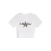 Camiseta Negra de Cuello Redondo, Hombro Normal, Manga Corta para Mujer, Diseño de Estampado de Estrella y Leopardo Estilo Americano, Top Ajustado y Favorecedor