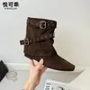 Botines retro franceses de piel auténtica con tacón oculto para mujer, nuevo estilo otoño 2026, con hebilla de cinturón, diseño estilo western y diseño de caña plisada y apilada