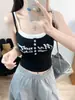 3060 # Nuevo estilo sexy de verano con estampado de letras, patchwork, botones, camisola ajustada para mujer con tirantes fijos y almohadillas en el pecho