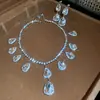 Pendientes y Conjunto de Collar de Piedras Preciosas Esmeralda Brillantes con Diamantes, Cadena de Clavícula de Lujo Ligero de Nicho, Conjunto de Joyería Estilo Palacio para Mujeres