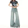 Novos Jeans Casuais de Cintura Alta Cor Clara Estilo Vintage Americano Desgastado Soltos de Perna Larga Comprimento Total Suporta Dropshipping
