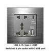 Enchufe Eléctrico Británico 13A Carga Rápida USB tipo-c Estándar Británico Pie Cuadrado Panel Metálico Gris Aluminio Dibujado con Alambre Edición Hong Kong y Macao