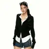 Camiseta Yinhe Preta Falsa de Duas Peças com Decote V e Manga Longa para Mulheres, Primavera e Outono, Elegante Slim Fit, Top Camada Base