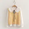 Look Outono 2026: Conjunto de Duas Peças para Mulheres - Suéter de Malha Estilo College com Coração de Desenho Animado e Coelho + Camisa com Amarração na Cintura 5938