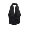 Camisola negra de tiras para mujer, top corto de verano 2026 con escote en V bajo, sin mangas, espalda descubierta, con parte superior de malla