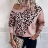 Suéter Feminino de Manga Longa com Estampa de Leopardo para Primavera, Top de Tricô Ombro a Ombro Exportação Amazon, Estilo Biker Versátil de Caimento Solto