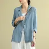 Blazer Curto Feminino de Algodão e Linho 2026 Primavera/Outono Estilo Artístico Tamanho Plus Solto Casual Versátil Manga Longa Pequeno Terno para Exportação