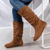 Botas de Media Pantorrilla Talla Grande para Mujer para Exportación, Otoño e Invierno 2025, Estilo Europeo y Americano, Botas Vaqueras de Gamuza de Color Sólido, Punta Redonda, Tacón Plano, Botas Arrugadas