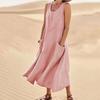 Site Independente da Amazon Wish2023 Vestido Feminino de Algodão e Linho Sem Mangas Gola Redonda Corte Evasê Longo Estilo Férias