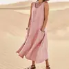 Site Independente da Amazon Wish2026 Verão Europeu e Americano Comércio Exterior Bolso Sem Mangas Gola Redonda Vestido Feminino de Algodão e Linho