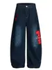 Jeans de Pierna Ancha tipo Cimitarra con Bordado de Estrella Chica Picante Retro Americano Unisex Calle Alta Sueltos Adelgazantes Rectos Largos hasta el Suelo