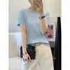 Tricô de Manga Curta com Lantejoulas de Alta Qualidade para Mulheres 2026 Novo Estilo Coreano Versátil Camiseta de Verão Fina com Recortes Tendência