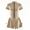 Macacão Sexy Transfronteiriço de Verão Amazon Cor Sólida Retrô Slim Fit Gola Redonda Manga Curta Zíper Comércio Exterior Estilo Esportivo