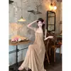 Vestido sexy sem alças para mulheres, estilo resort de verão, malha elegante, vestido longo justo