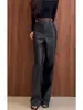 Pantalones de cuero negros de pierna ancha, corte slim, para mujer, nuevo estilo otoño/invierno 2026, talla petite, cuero PU, tiro alto, forro polar, pierna recta, hasta el suelo